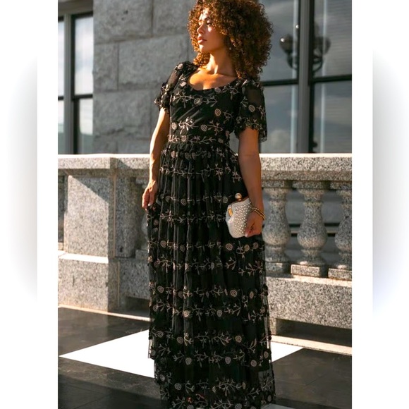 Ivy City Co Athena Floral Embroidered Tulle Maxi Dress in Black - Picture 1 of 5